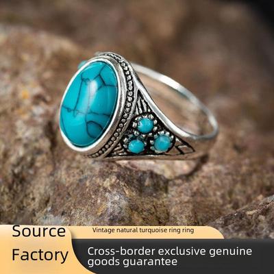 Europejski i Amerykański Pierścionek z Kamieniem Szlachetnym w Stylu Retro: Biżuteria ze stopu metali z naturalnym turkusem
