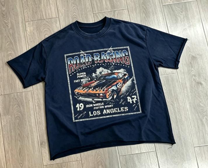 2026 Men Vintage Washed Black Road Racing Race Car Graphic T Shirt Chest Print Crewneck Tees Unisex Oversized Short Sleeve