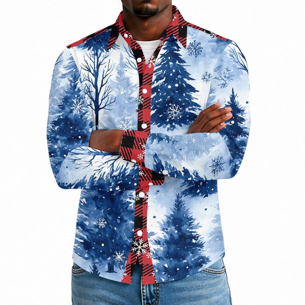 Men's Casual Long Sleeve Shirt with Christmas Print for Spring and Everyday Wear