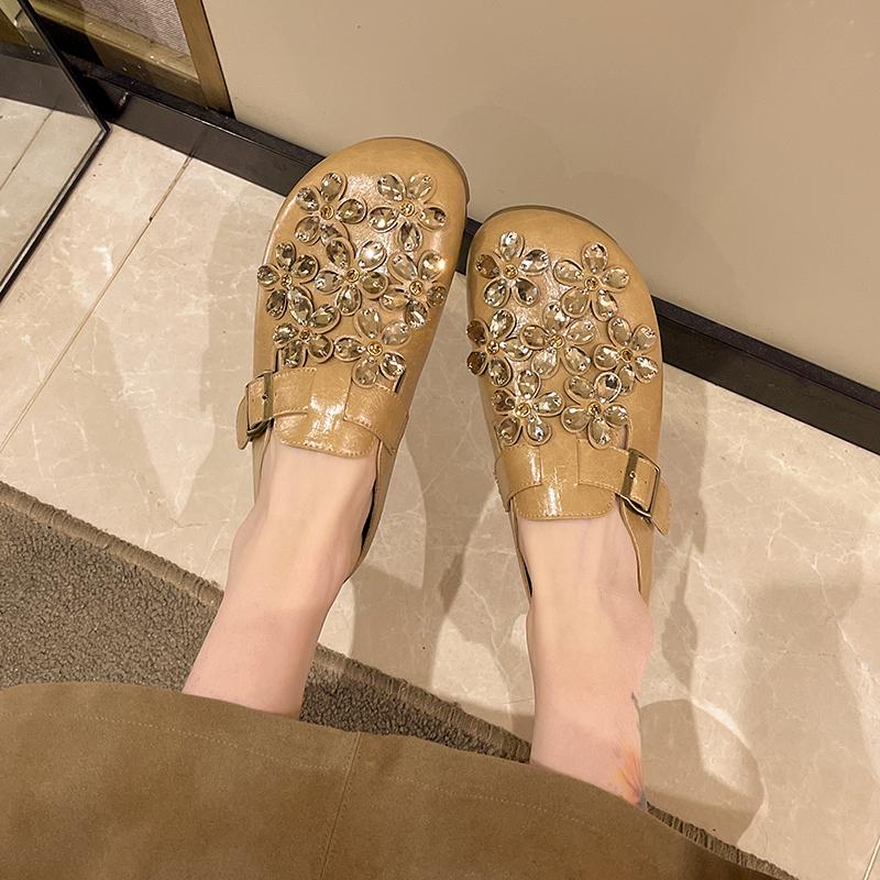 Fashion Flat Shoes Women Fashion Round Head Shallow Mouth Rhinestone Flower Soft Sole Anti-slip Wear-resistant Slippers