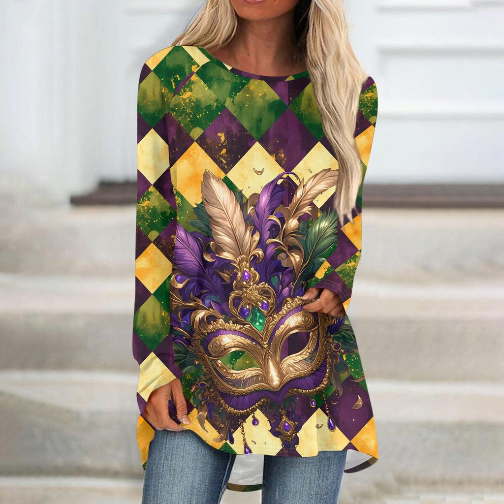 Women's Fashionable Round Neck Raglan Long Sleeved Carnival Printed Casual Pullover Top