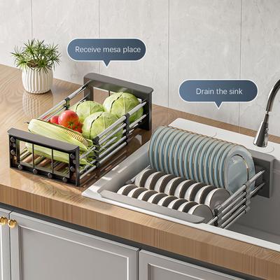 Telescopic Stainless Steel Sink Drain Basket Multi-purpose Space Saving Sink Rack For Dry Dishes Fruit Vegetable Storage Rack