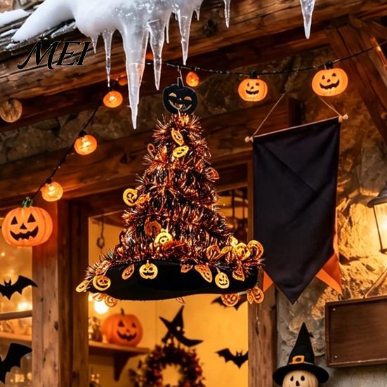Reusable Festival Ornaments Halloween Witch Hat Pumpkin Decor, Metallic Rain Curtain Door Hanging Ornament for Wall Party, Spooky Festive Home