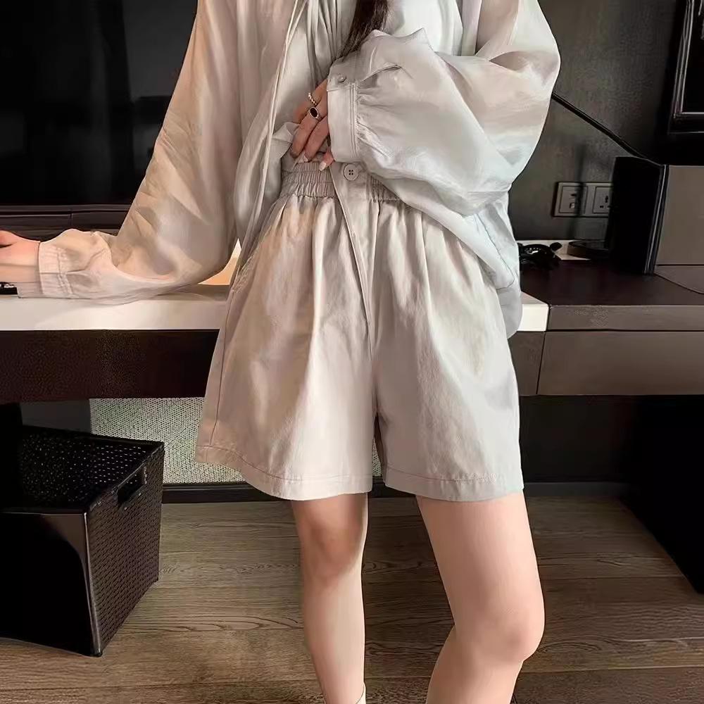 Elastic Waist Washing Pure Cotton Tooling Wide-leg Shorts Casual, Thin and Baggy