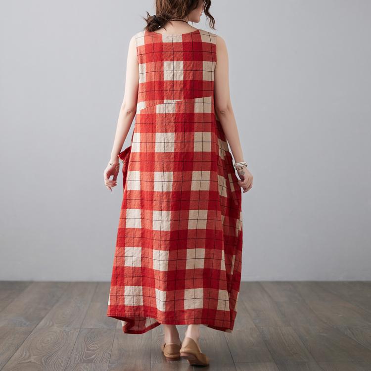 DIMANAF 2025 New Summer Women Plus Size Loose Vintage Plaid Dress Sleeveless Basic Sundress Casual Long Dress Maxi