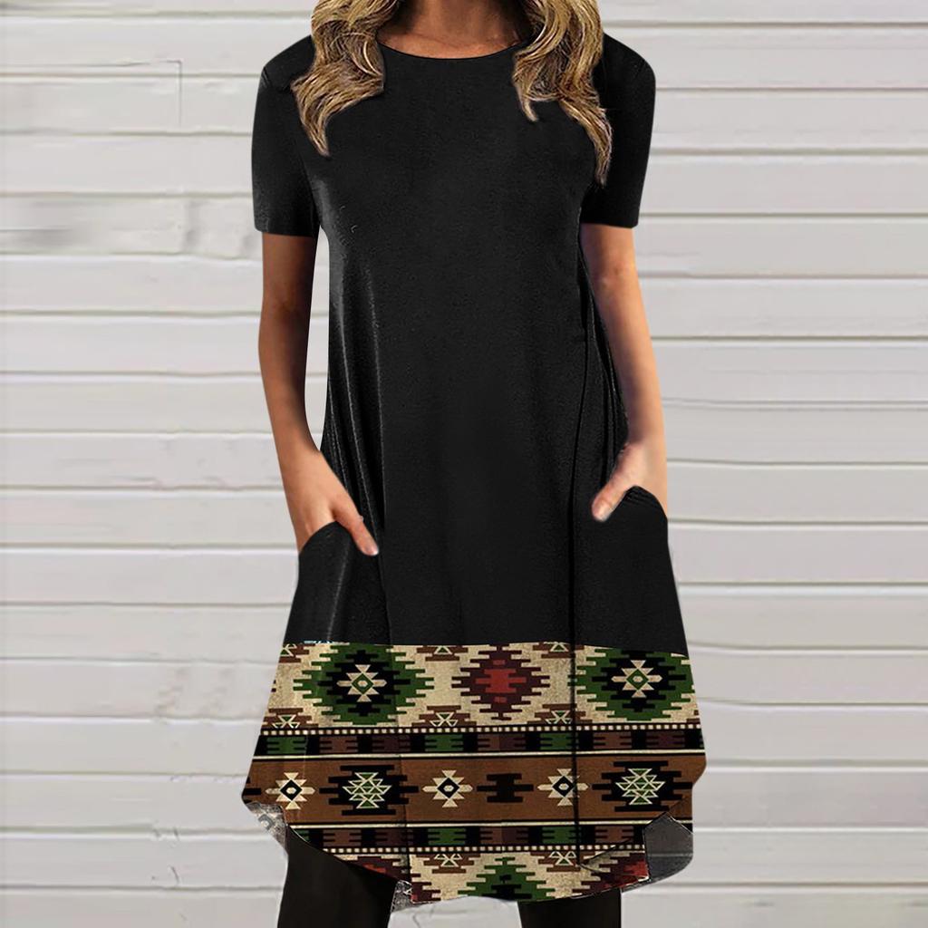 Women's Fashionable Casual Ethnic Printed Retro Round Neck Short Sleeve Dress