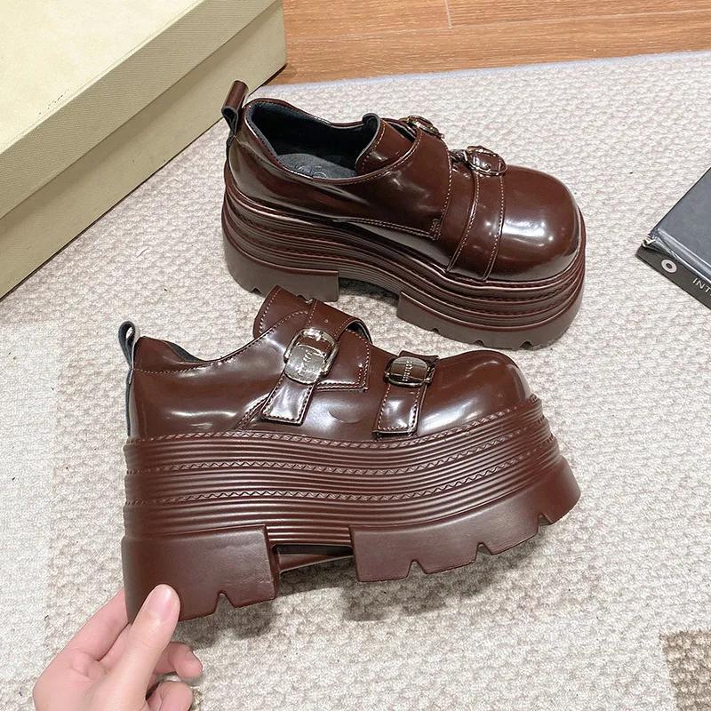 10CM Heels Women Leather Loafers Fad Designer Belt Buckle Lady Mary Jane Shoe Retro British Thick Sole Casual Shoe Zapatos Mujer
