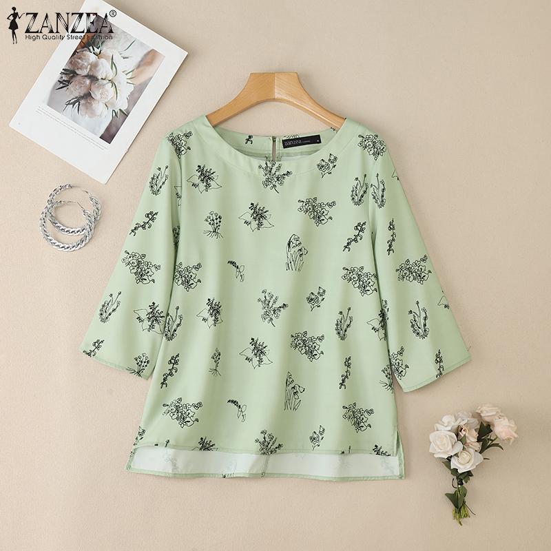 ZANZEA Women Casual Round Neck Loose 3/4 Sleeve Print Blouse