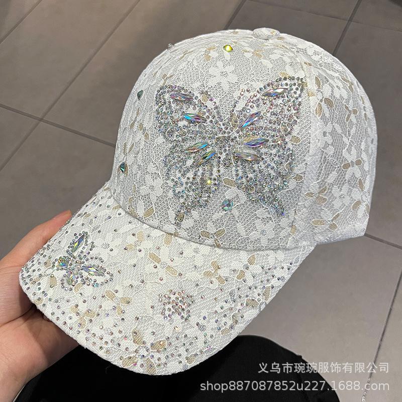 New fashionable breathable rhinestone butterfly lace baseball cap children's summer light breathable sunshade sun protection cap
