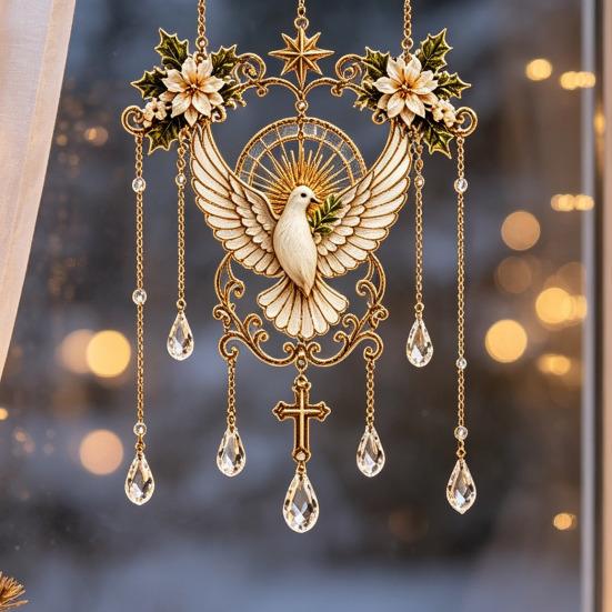 Elegant Indoor Hanging Decor Stained Glass Effect Blessing Suncatcher, Acrylic Angel Prayer Window Sun Catcher for Windows Ornament with Faux Crystal