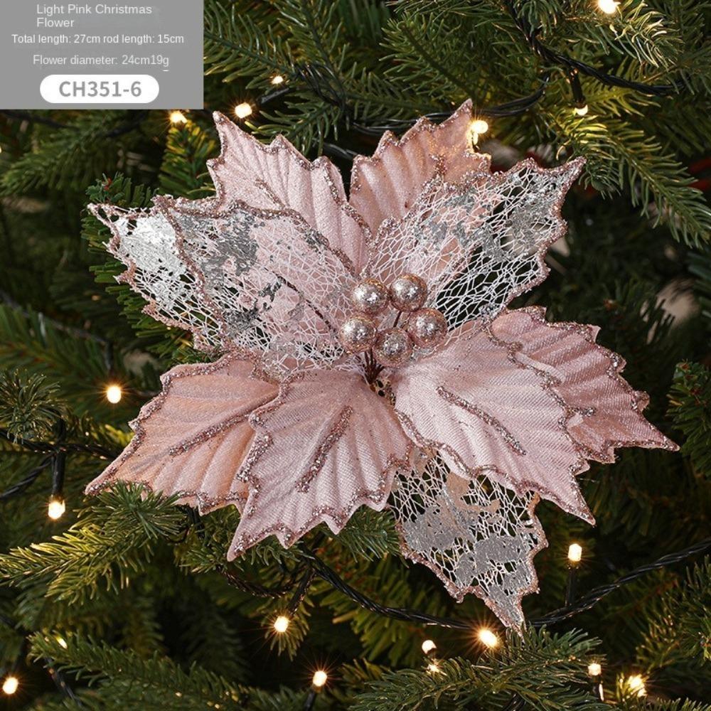 New 24cm Poinsettia Glitter Flower DIY Large Christmas Flowers Wedding Decor Fake Flowers Xmas Tree Decorations