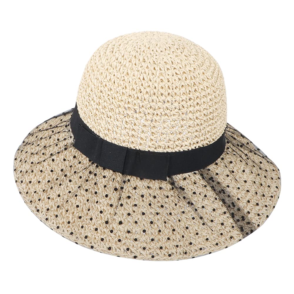 Straw Hat with Sunshade for Dot Wide Knitted Sun Cap for UV Small Beach Easy to Going Mountain Beige [XGOPTS] Women, Summer, Cool, Elegant, Mesh,