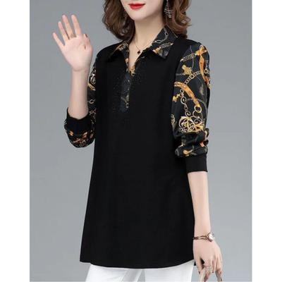 Women's Long-Sleeve Collared Blouse with Elegant Appeal Medium To Plus Size Long-Length Base Layer Top for Mothers In Middle Age and Beyond