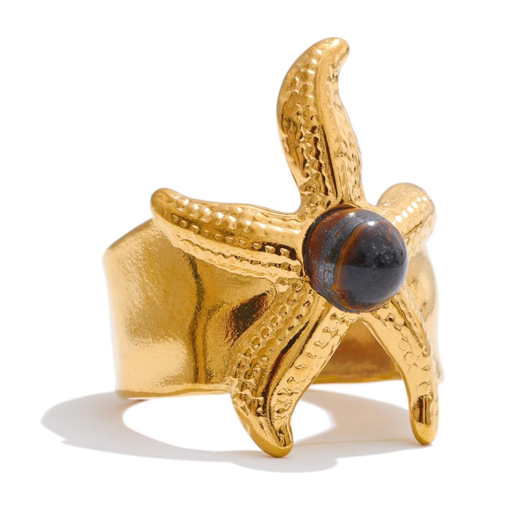 

Yhpup Size:7 Ocean Style Stainless Steel Natural Tiger Stone Starfish Open Ring Summer Beach Holiday Wear Jewellery Gift 7