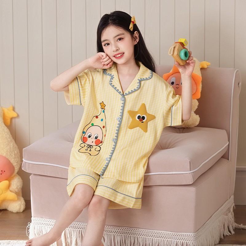 Cute Cartoon Cotton Pajama Set Girls 2026 Short Sleeve Sleepwear Kids 8 Years Lightweight Home Outfit