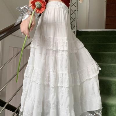 White Design Lace Cake Skirt Half Body Skirt Women's Summer High Waist French Long Skirt Big Swing Skirt A-line Skirt