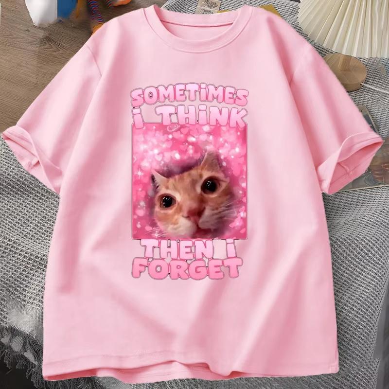 

Sometimes I Think Then I Forget Funny Cat Meme Tee Shirts Women Men Stupid Humor Cat T-shirt Fashion Summer Short Sleeves Tops L рожевий