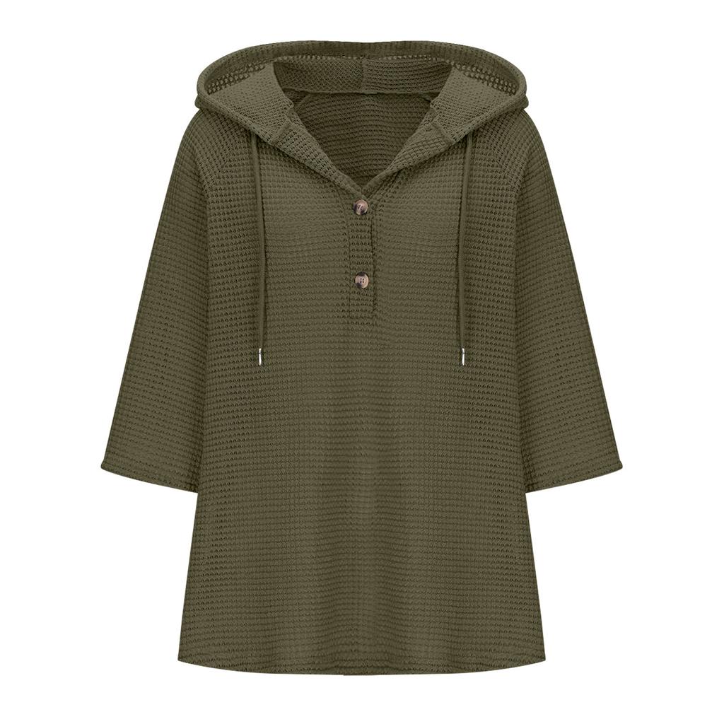 Women's Fashion Seven Sleeve Hooded Button V-Neck Casual Hooded Sweatshirt Top