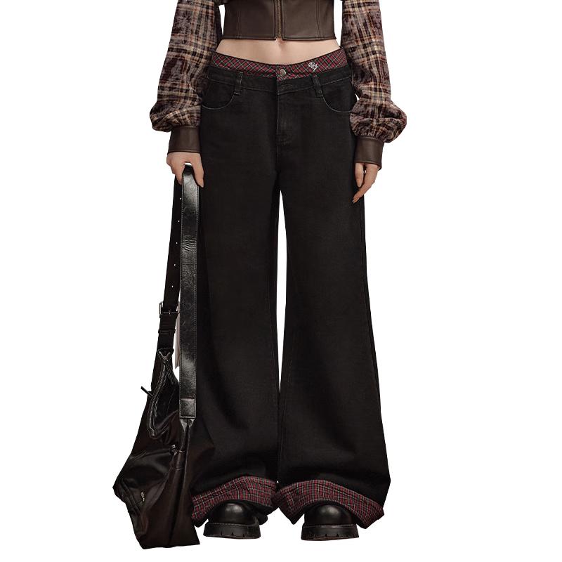 unifree Plaid Patchwork Loose Straight Casual Pants