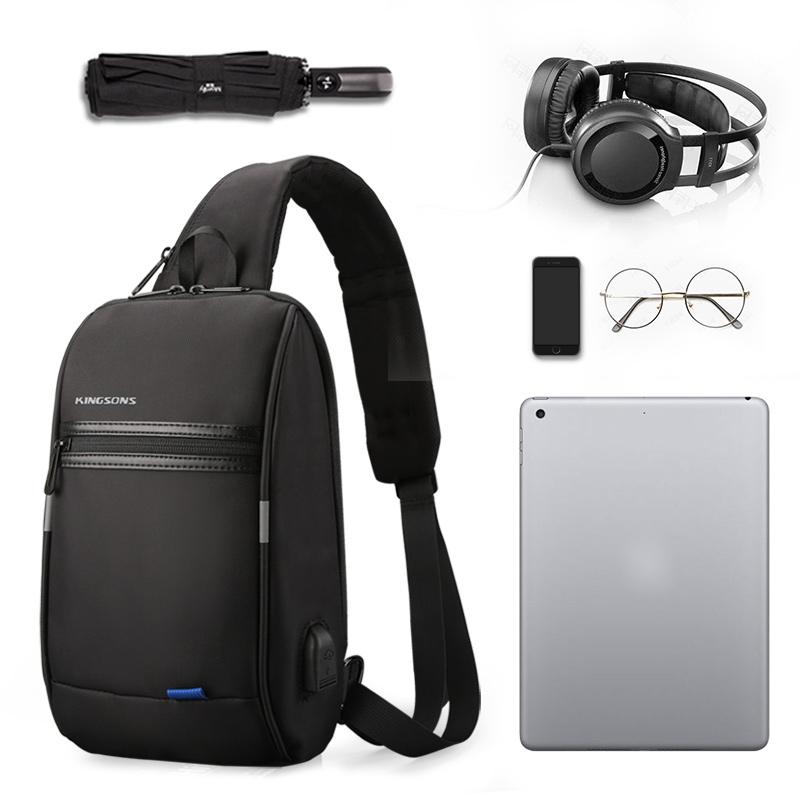 Crossbody Bag Kingsons Men Messenger Bag Small Running Riding Chest Bag 10.1 Inch Waterproof Tablet Bag USB Charging Black KS3174W