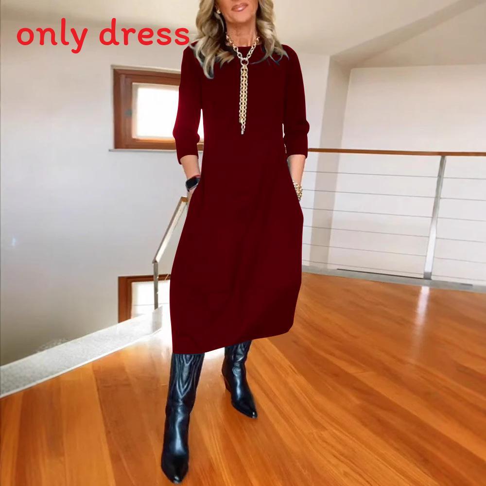 Basic Solid Color Long Sleeve Dress For Work And Casual Wear With High Waist For Winter