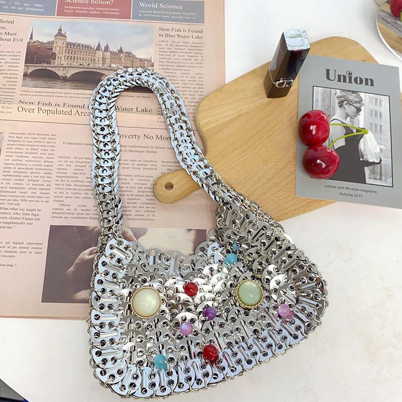 Metal Shiny Silver Sequin Metal Hollow Vintage Court Crystal Handheld Shoulder Bag