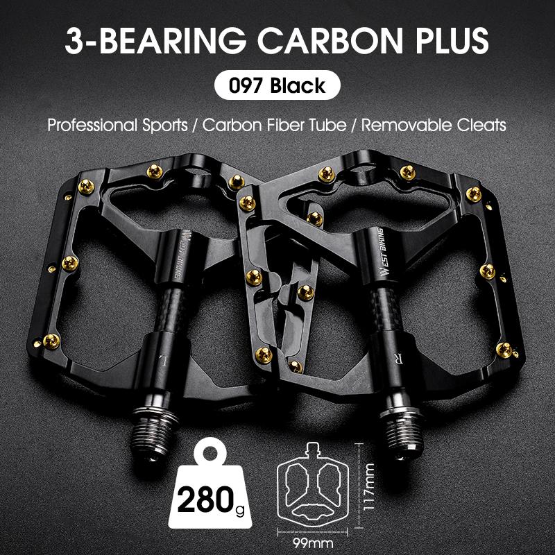 WEST BIKING 3 Bearings Bicycle Pedals Ultralight Carbon Fiber Axle Sleeve Aluminium MTB Road Bike Flat Pedals Cycling Accessory