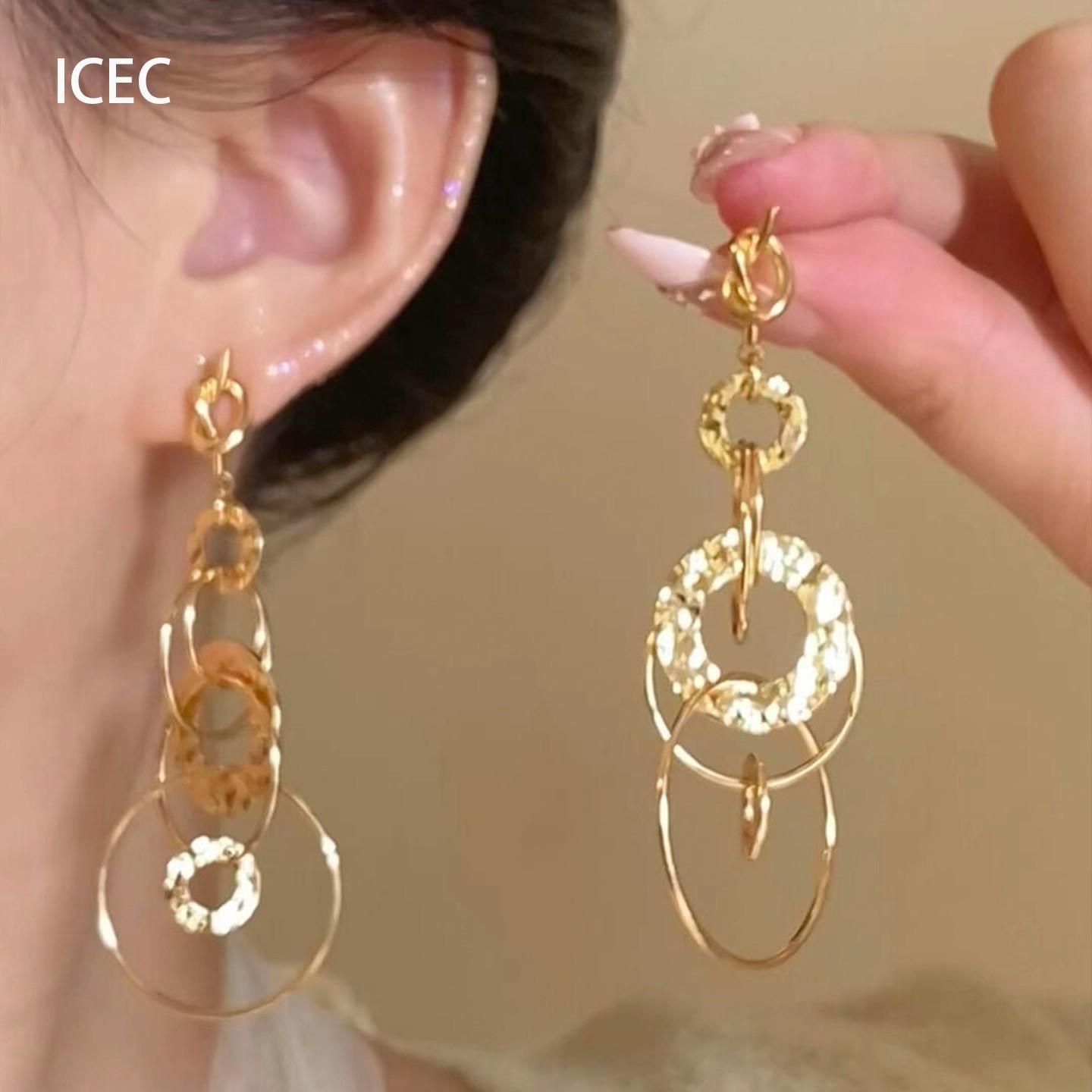 Hong Kong Style~ Retro Gold Multi-layer Circle Earrings Women s New Light Luxury Premium Exaggerated Long Ear Jewelry