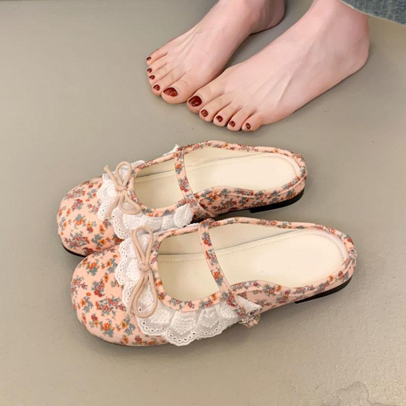 Fashion Comemore Summer New Women's Mary Jane Shoes Square Toe Flat Buckle Suede Lace Bowknot Gentle Sweet Mules Baotou Half Slippers