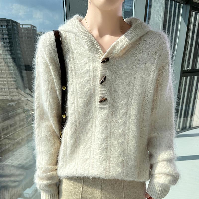 Autumn & Winter Women's Mink Velvet Knit Twist Hoodie - Heavyweight, Loose Fit, Casual Cashmere Sweater