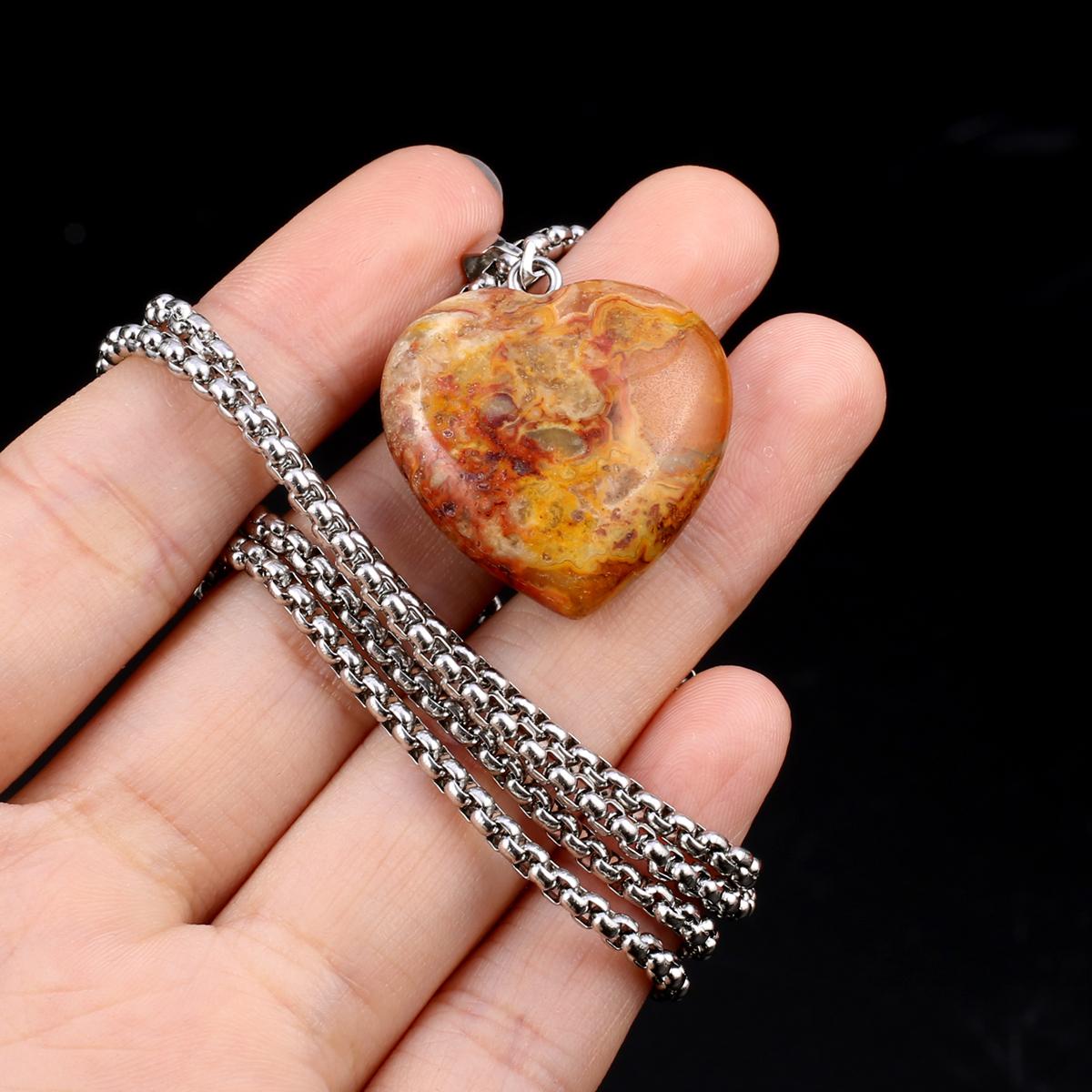 

1 шт. в партии, ожерелье из натурального камня, кулон в форме сердца, кристалл, аметист, агат, опал, цепочка из нержавеющей стали, ожерелья для женщин, ювелирные изделия 30x30x10 мм 1Pcs/Yellow Crazy Agate