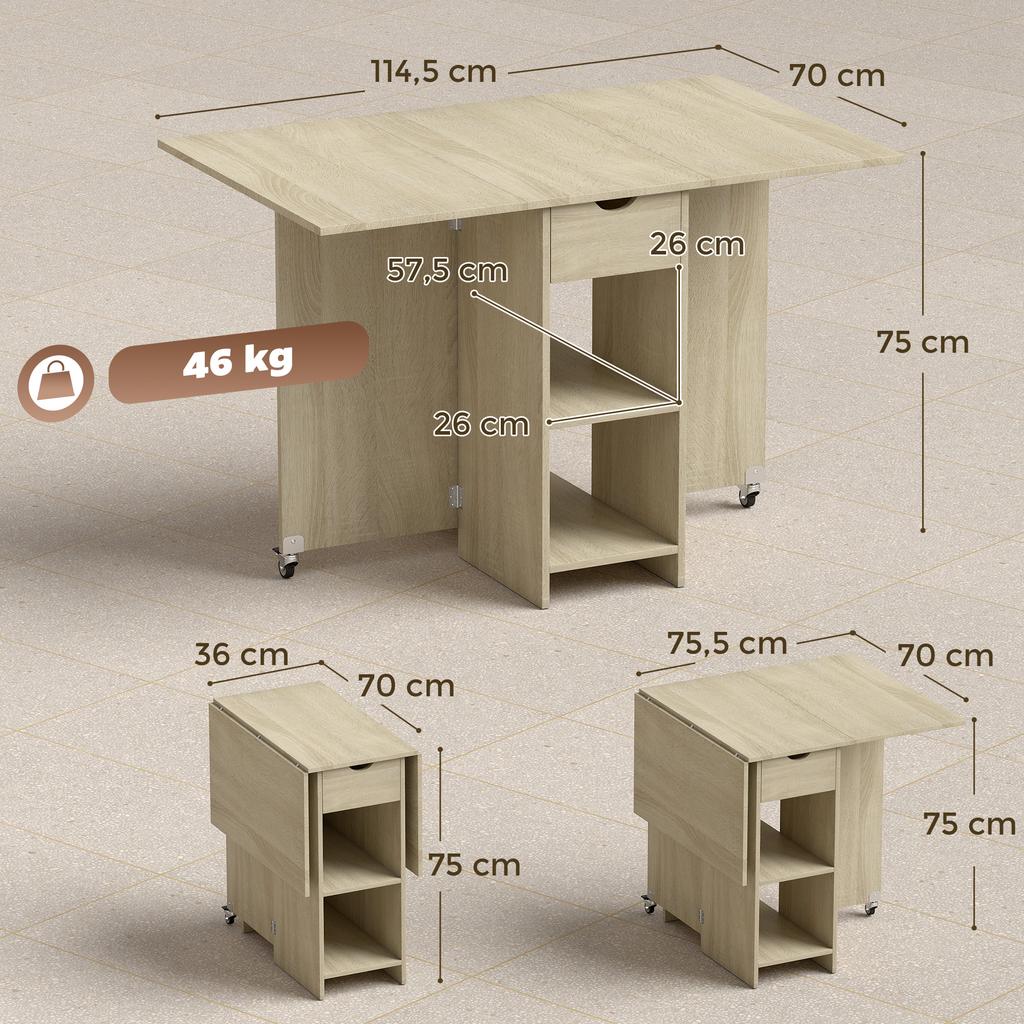 Klappbarer Esstisch für 2-4 Personen, Rollbarer Tisch mit offenem Fach und Schublade, Ideal für kleine Räume, Natur