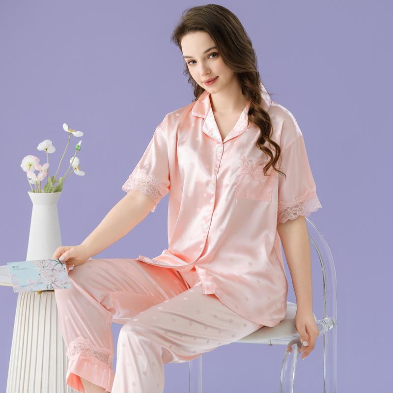 Cute And Simple Polka Dot Printed Pajamas Women'S Summer Cool Ice Silk Loungewear Short Sleeves And Trousers Can Be Worn Outside