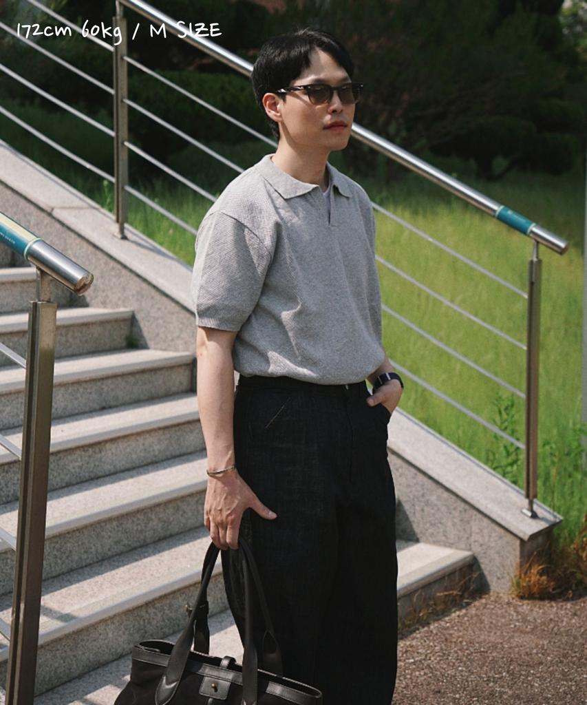 CUZNELLO Cool Cotton Open Collar Short Sleeve Knit_Gray