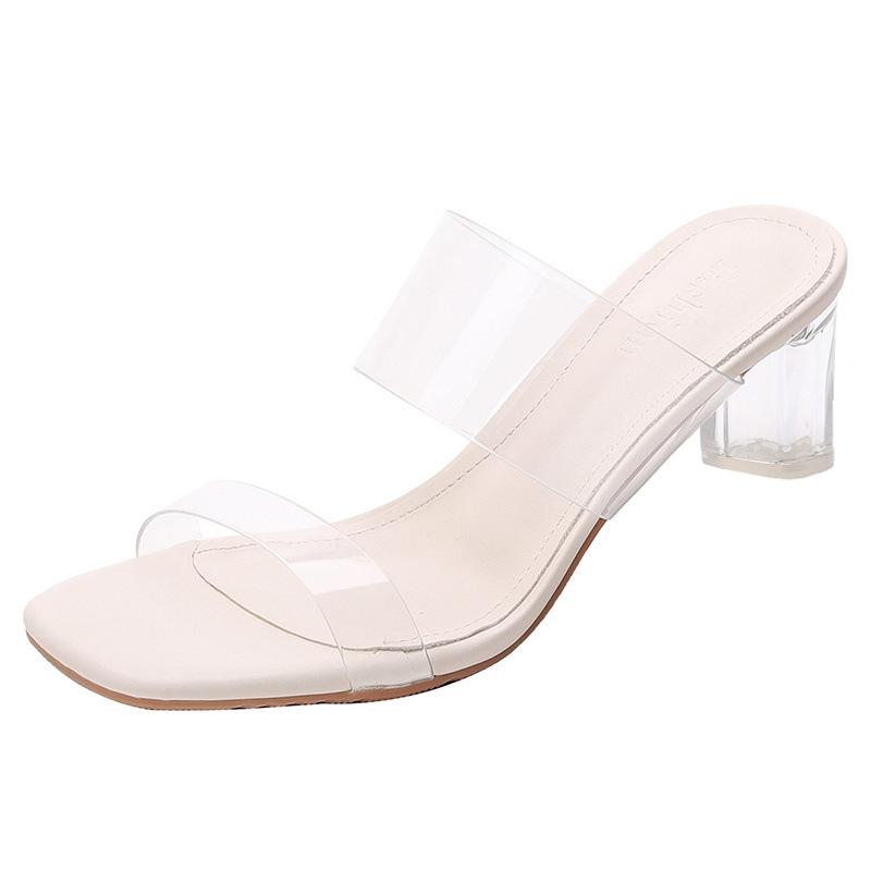 High Heels Sandals Women's Summer New Fashion Transparent Middle Heel Crystal Shoes Fashion Thick Heel Outer Slippers