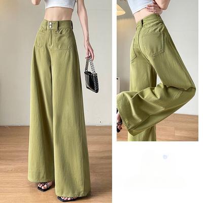 Fashion Loose Fit Wide Leg Denim Pants for Women, Casual Green Long Trousers