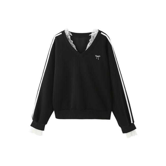 Early Autumn Retro V-Neck Black Hoodie with Bow and Three Stripes