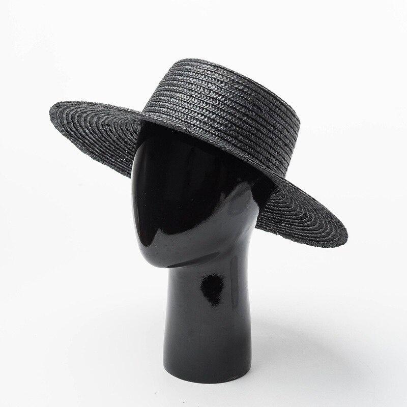 Spring and Summer New Simple Light Board Black Straw Straw Flat Top Hat Sun Protection Sunshade Travel Flat Straw Hat