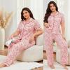 Women’s Plus Size Pajamas Heart Printed Short Sleeves Lapel Button-up Shirts Long Pants 2pcs Sleeping Suits Spring Summer Home Casual Wear