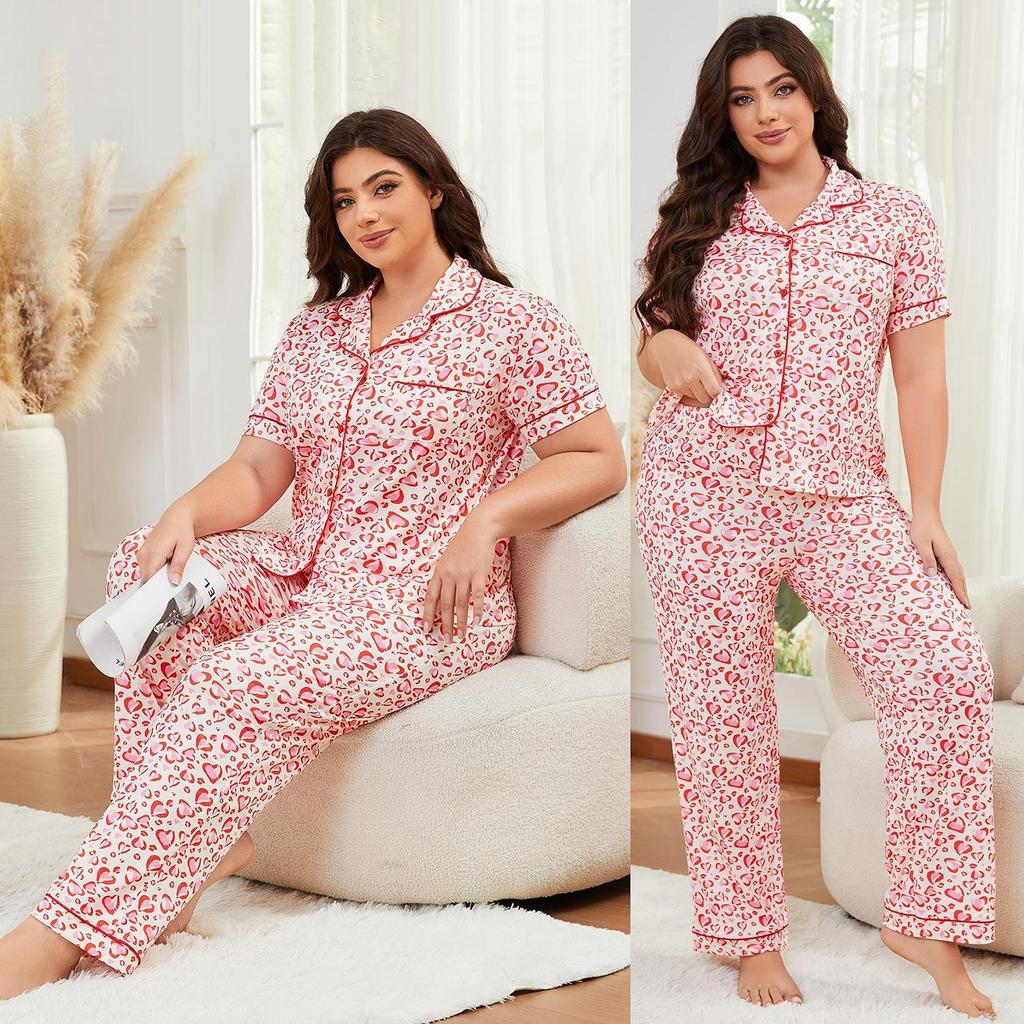 Women’s Plus Size Pajamas Heart Printed Short Sleeves Lapel Button-up Shirts Long Pants 2pcs Sleeping Suits Spring Summer Home Casual Wear