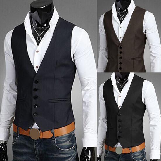 Business Men Solid Color V Neck Button Pocket Sleeveless Slim Fit Vest Waistcoat