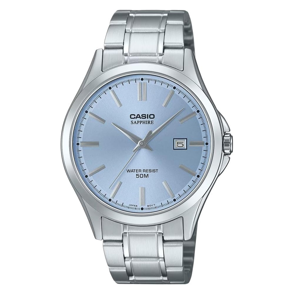 Casio MTS-115D-2A2 Analog Quartz Watch Silver Light Blue Stainless Steel Band