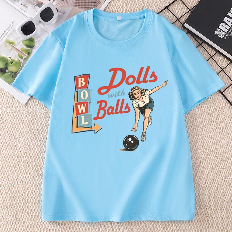 Bowling T Shirt Dolls With Balls TShirt Causal Vintage Graphic Tshirts Funny Cotton Short Sleeve Round Neck T Shrirts Unisex