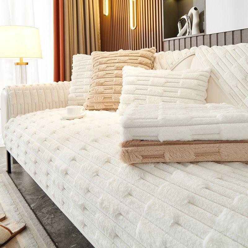 Black Plush Sofa Cushion Thick  Warm Sofa Cover Throw Pillowcase Living Room Winter Universal Seat Cushion Anti Slip Cover Cloth Slipcover Cushion