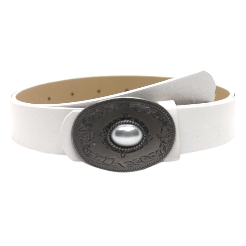 

Винтажный ремень из ПУ с пряжкой-пином для женщин, крутой субкультурный ремень с овальной пряжкой, инкрустированной жемчугом, пояс для подростков, девушек, аксессуар белый