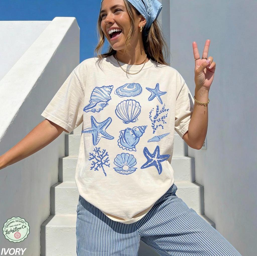 Seashell Shirt, Beach Shirt, Womens Summer Shirt, Ocean Lover Gift, Sea Shell Tshirt, Cute Vacation Shirt, Travel Tee