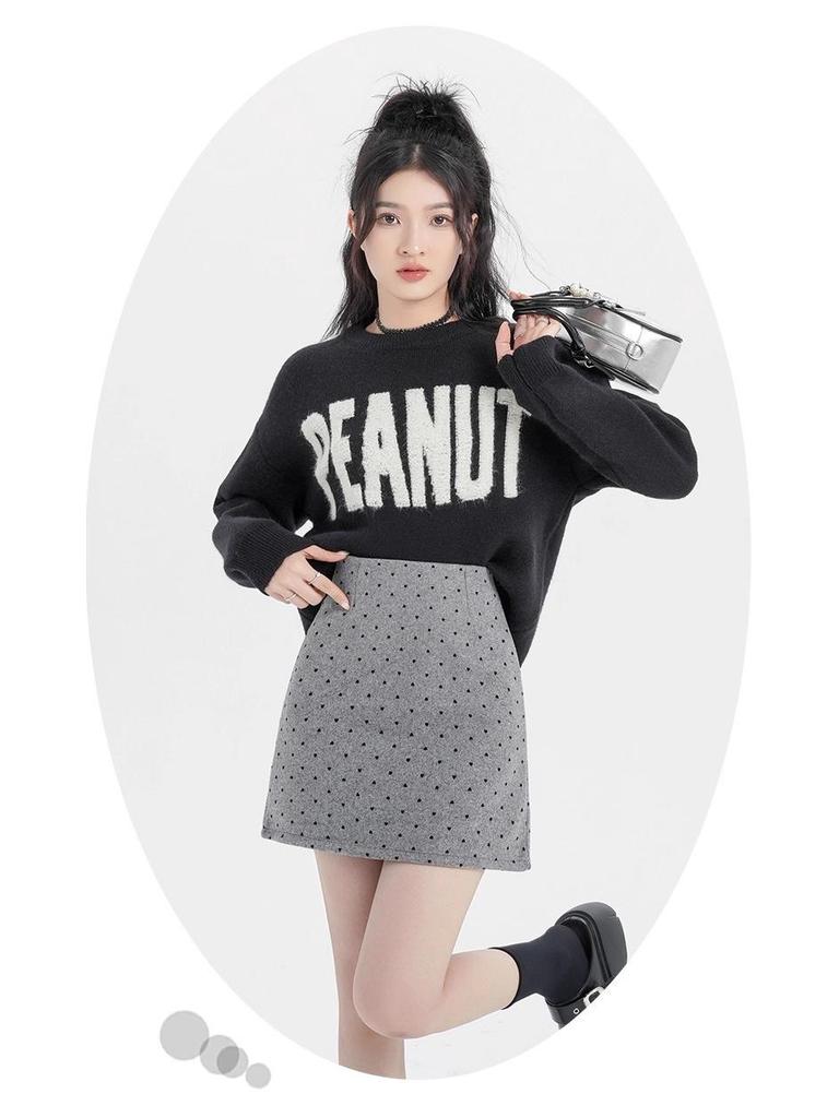 Women's High-Waisted Gray Polka Dot Woolen Half-Skirt - Slimming, Thickened, Petite Fit for Autumn/Winter 2025
