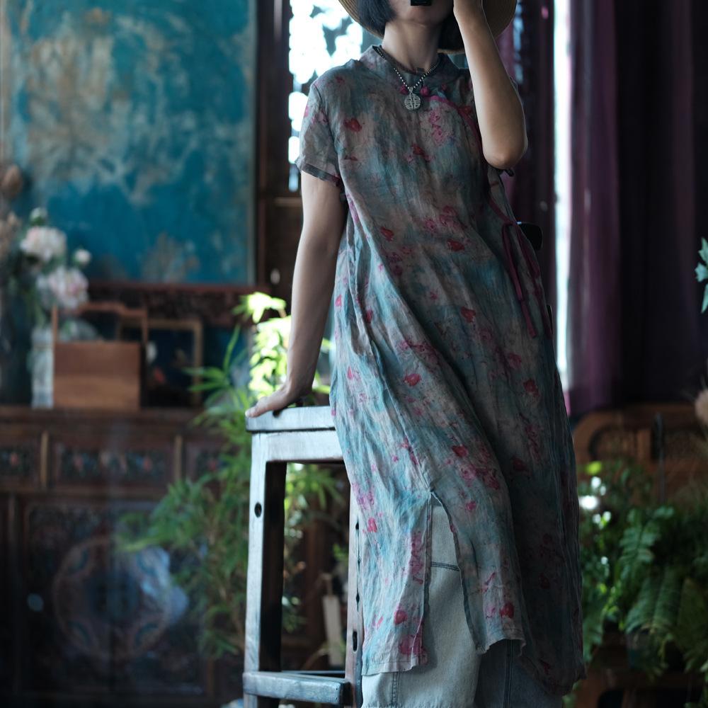 

Johnature Женское платье в китайском стиле с коротким рукавом и стойкой, летнее однотонное платье А-силуэта на пуговицах One Size разноцветный