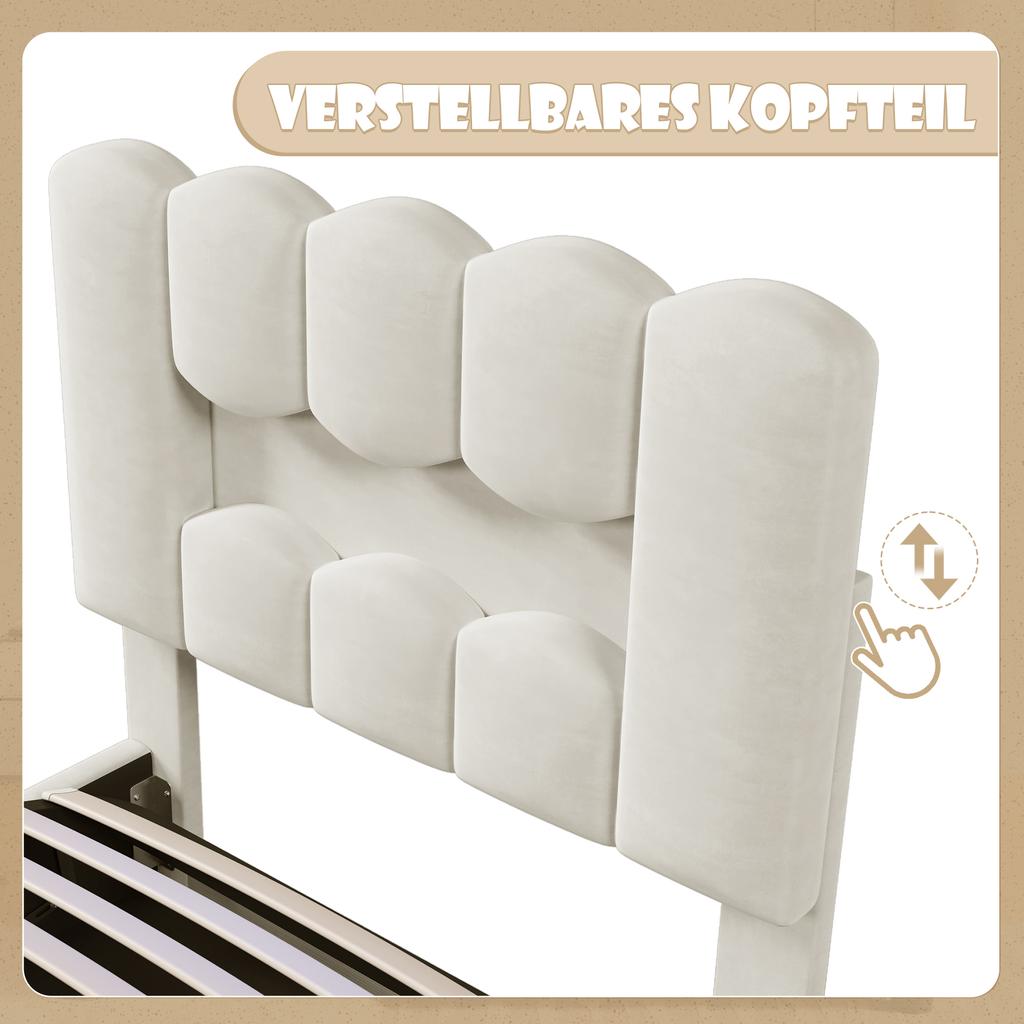 Upholstered Bed, 90 X 200 Cm, Without Mattress, LED Lighting, with Hydraulic Lift, Adjustable Headboard, Velvet, Beige