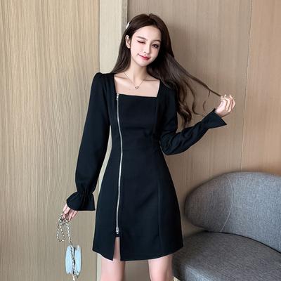 Robes pour femmes grande taille Vêtements Printemps et Automne Col carré français Féminin Vestidos Tempérament Fermeture éclair Robe polyvalente